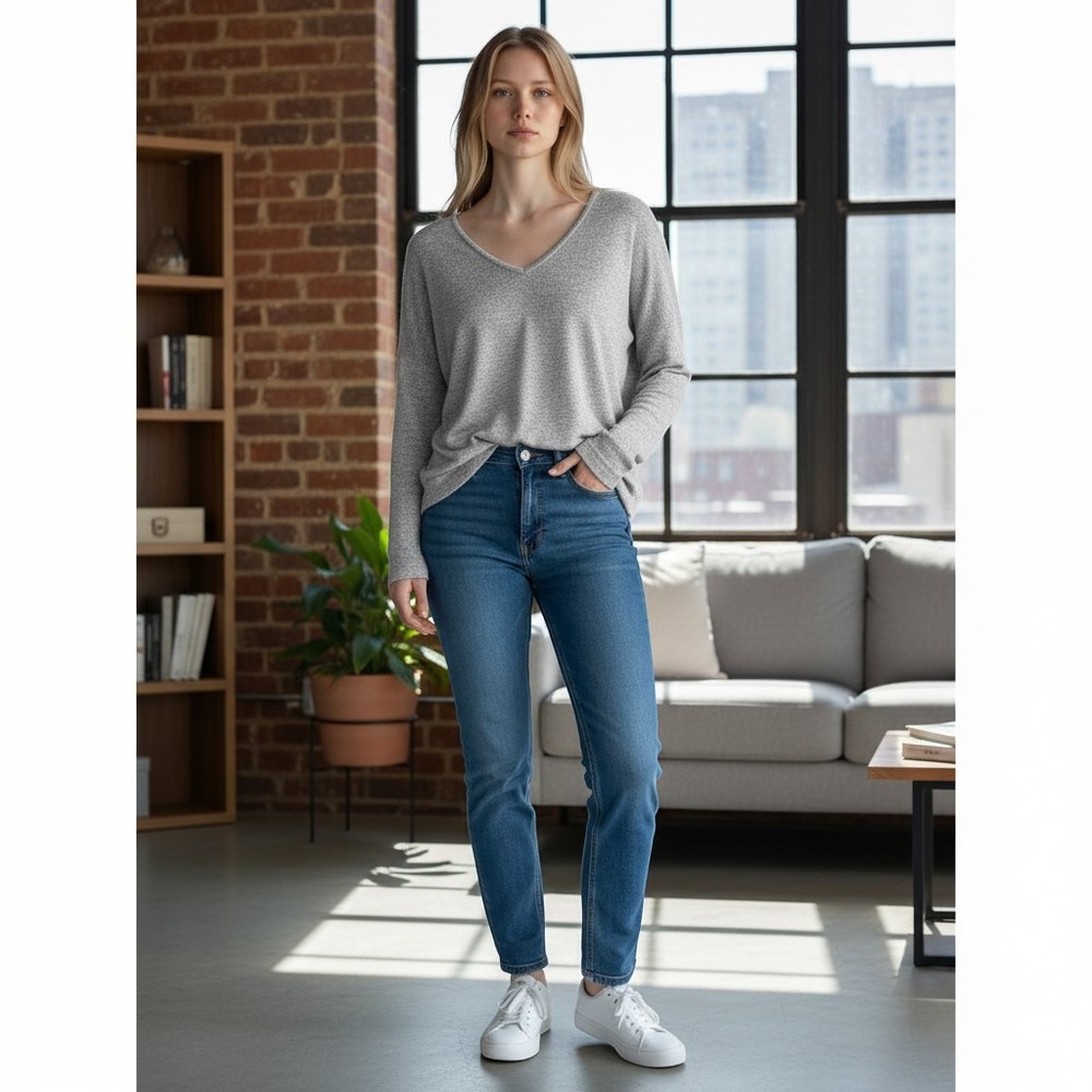 Rag & Bone V-Neck Top Women XS Gray Long Sleeve Knit Seam Casual Minimalist
